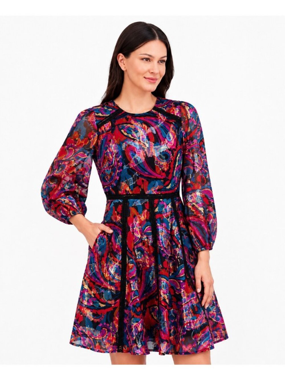 Vince Camuto Women’s Size 8 Metallic Paisley Print Lace Trim Dress NEW